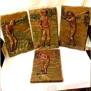 Vtge Set 4 Austin Golfers Figure Sculptures Plaques Solid Ceramic Pottery 10"x7